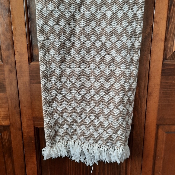 Woven Brown White Fringe Ends Boho Neutral Table Runner 13×70 - Picture 3 of 7
